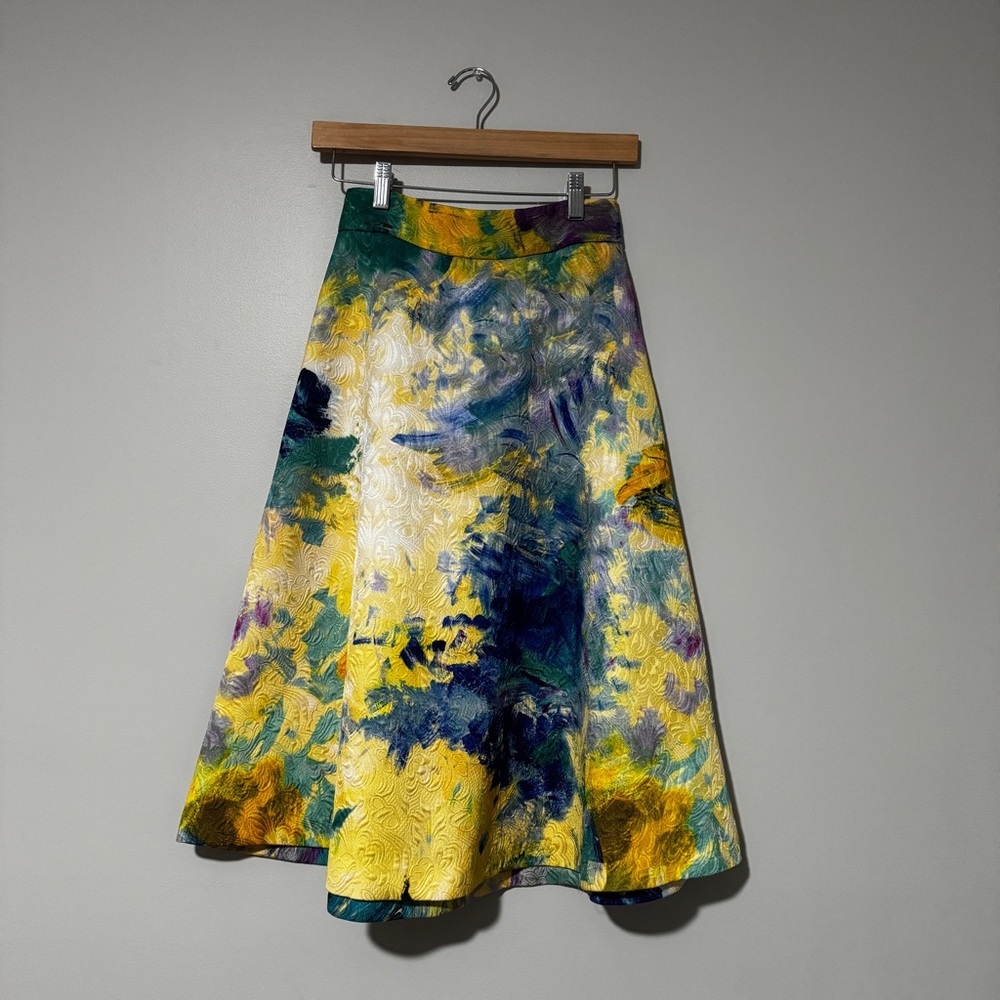 H&M | Textured, Watercolor Yellow Patterned Midi Skirt, Size 4